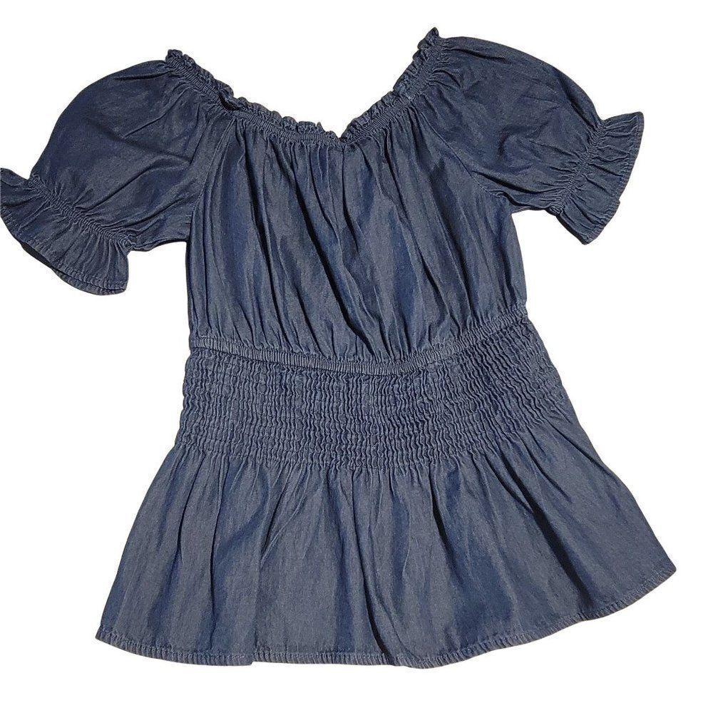 New Glory Girls Blue Dark Wash Off The Shoulder Denim Blouse Top Size Medium
